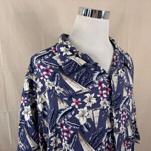 Island Passport 4XL Hawaiian Aloha Shirt Blue Floral Sailboat Rayon Mens
